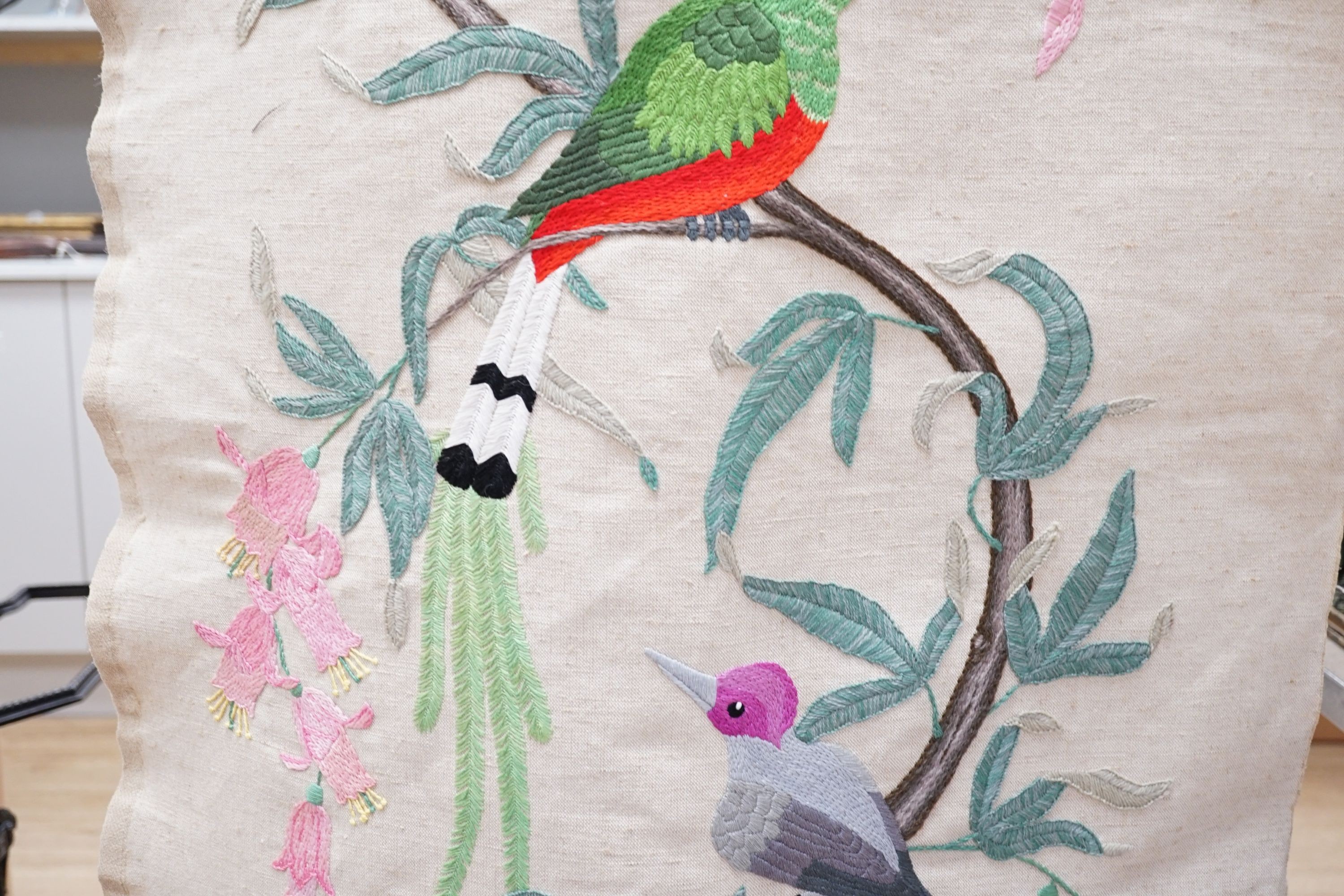 A contemporary wool work and silk embroidered, 'Tree of Life' panel, 170 cms high.